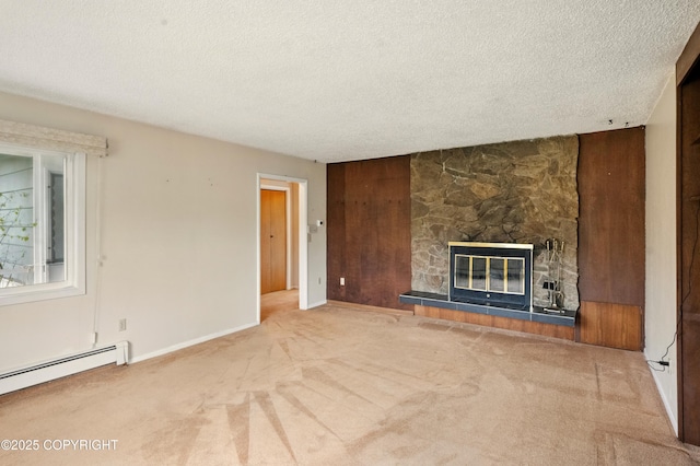 7101 Omalley Rd, Anchorage, AK 99507 - unfurnished living room with a baseboard radiator, carpet flooring, a textured ceiling, a stone fireplace, and baseboards
