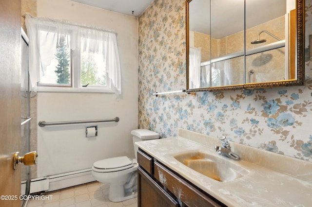 7101 Omalley Rd, Anchorage, AK 99507 - full bathroom featuring baseboard heating, wallpapered walls, vanity, a shower with door, and toilet