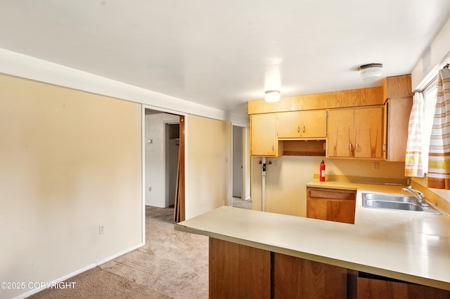 7101 Omalley Rd, Anchorage, AK 99507 - kitchen featuring a sink, a peninsula, light colored carpet, light countertops, and baseboards