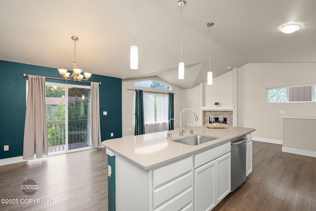 12248 Vista Ridge Loop # 30, Eagle River, AK 99577 - kitchen featuring stainless steel dishwasher, vaulted ceiling, dark wood-type flooring, a chandelier, and light countertops