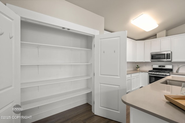 12248 Vista Ridge Loop # 30, Eagle River, AK 99577 - kitchen featuring appliances with stainless steel finishes, white cabinets, dark wood-style flooring, tasteful backsplash, and vaulted ceiling