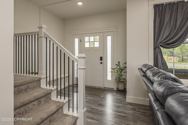 5233 W Jaxton Cir, Wasilla, AK 99623 - entryway featuring dark wood-type flooring, recessed lighting, baseboards, and stairway
