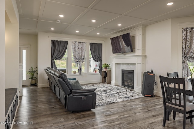 5233 W Jaxton Cir, Wasilla, AK 99623 - living room with recessed lighting, dark wood-style flooring, baseboards, a fireplace, and coffered ceiling