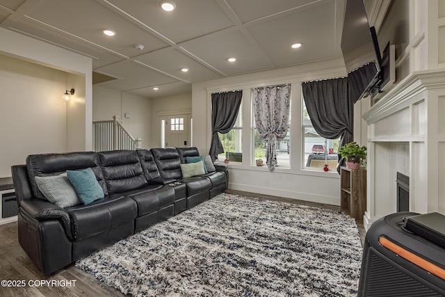 5233 W Jaxton Cir, Wasilla, AK 99623 - living area with wood finished floors, baseboards, a fireplace, recessed lighting, and coffered ceiling