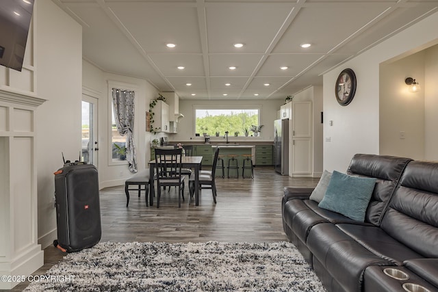 5233 W Jaxton Cir, Wasilla, AK 99623 - living area with recessed lighting, coffered ceiling, and dark wood-style flooring
