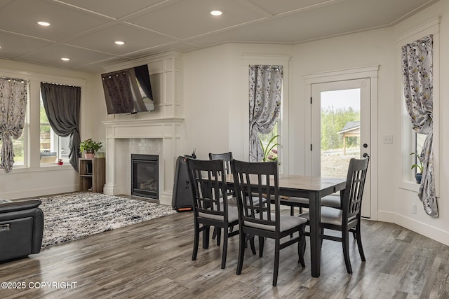 5233 W Jaxton Cir, Wasilla, AK 99623 - dining room with wood finished floors, healthy amount of natural light, recessed lighting, baseboards, and a tile fireplace