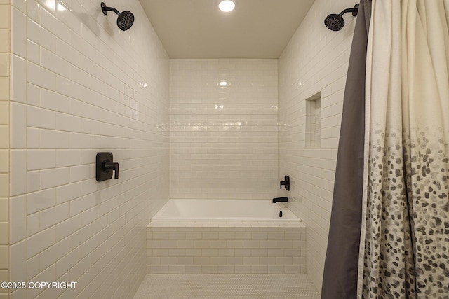 5233 W Jaxton Cir, Wasilla, AK 99623 - bathroom featuring tiled shower, tile walls, recessed lighting, and a tub to relax in