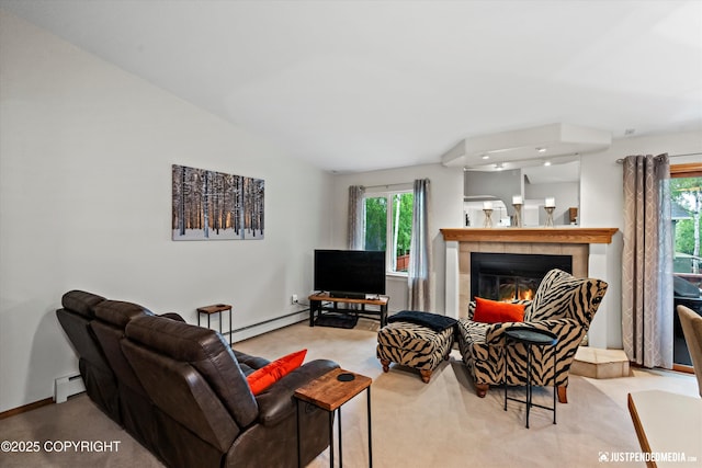 3529 W 41st Ave, Anchorage, AK 99517 - living area featuring a baseboard radiator, carpet flooring, a tile fireplace, and baseboards