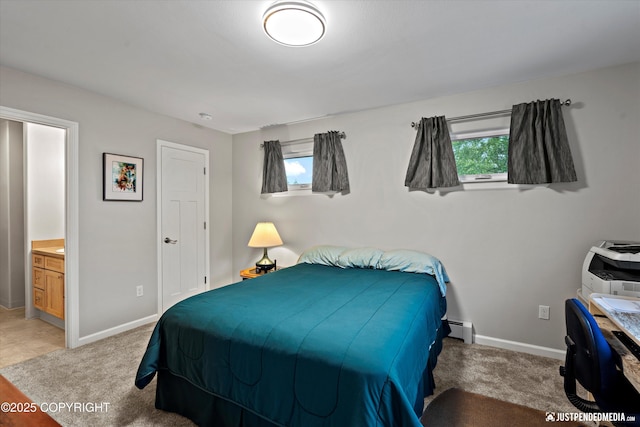 3529 W 41st Ave, Anchorage, AK 99517 - bedroom with a baseboard heating unit, light carpet, baseboards, and ensuite bathroom