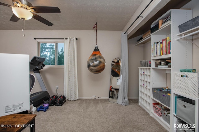 767 N Yakima St, Wasilla, AK 99654 - interior space featuring a ceiling fan, carpet floors, and a textured ceiling