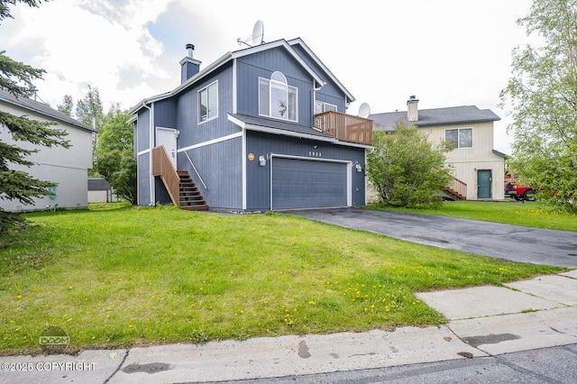 3933 Sycamore Loop, Anchorage, AK 99504 - view of front of house featuring an attached garage, stairs, a chimney, driveway, and a front lawn