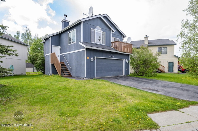 3933 Sycamore Loop, Anchorage, AK 99504 - view of front of home featuring driveway, a chimney, a front yard, an attached garage, and stairway