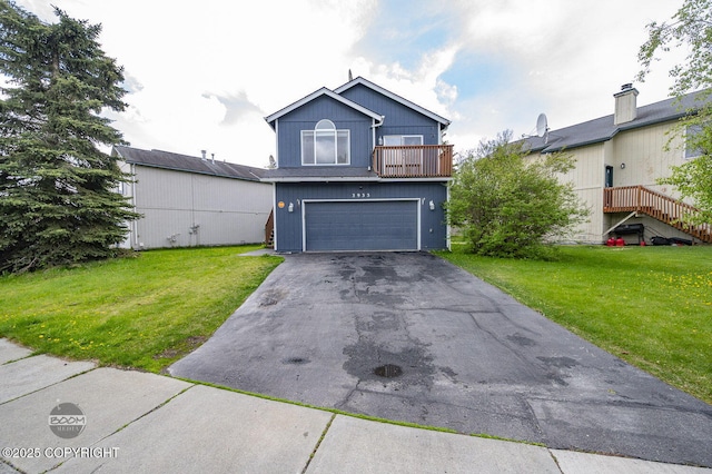 3933 Sycamore Loop, Anchorage, AK 99504 - traditional-style house with a balcony, a front lawn, asphalt driveway, and an attached garage