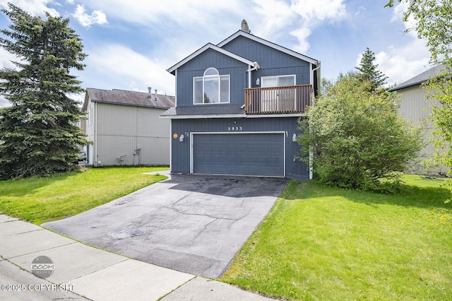 3933 Sycamore Loop, Anchorage, AK 99504 - view of front of house with a balcony, a front yard, driveway, and an attached garage