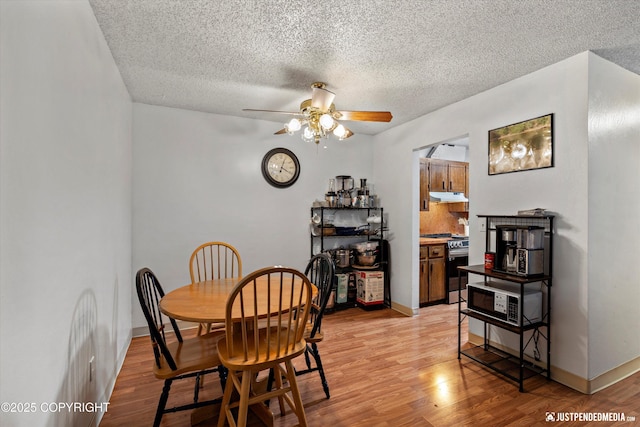 4433 San Ernesto Ave # 104, Anchorage, AK 99508 - dining area featuring a textured ceiling, ceiling fan, light wood-style floors, and baseboards