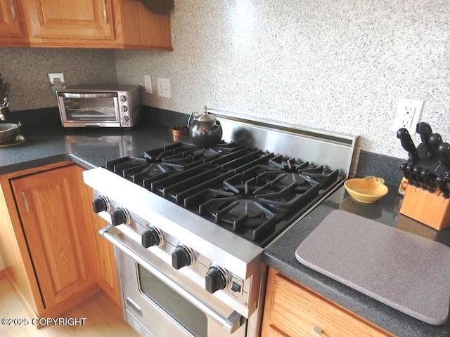 4259 Shirley Ct, Homer, AK 99603 - kitchen view of high end stainless steel range oven, brown cabinetry, and dark countertops