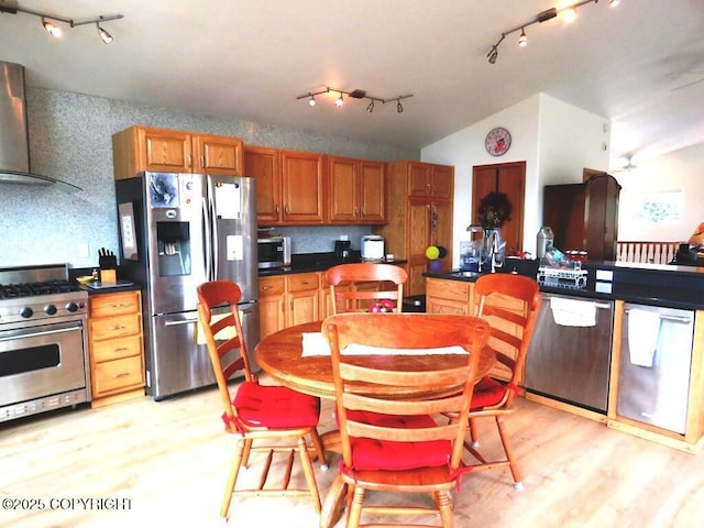 4259 Shirley Ct, Homer, AK 99603 - kitchen featuring stainless steel appliances, wall chimney range hood, rail lighting, and lofted ceiling