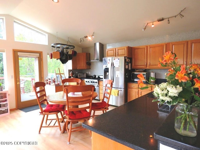 4259 Shirley Ct, Homer, AK 99603 - kitchen with appliances with stainless steel finishes, wall chimney range hood, rail lighting, vaulted ceiling, and tasteful backsplash