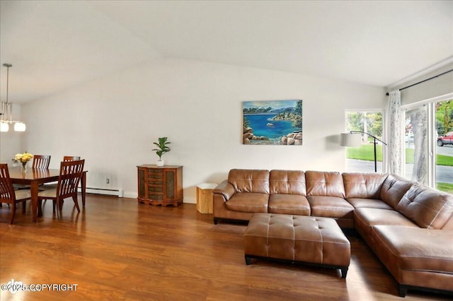 12900 Wellsford Cir, Anchorage, AK 99516 - living area with vaulted ceiling, wood finished floors, a chandelier, and a baseboard heating unit
