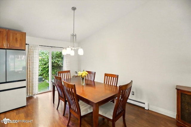 12900 Wellsford Cir, Anchorage, AK 99516 - dining space with a chandelier, dark wood-type flooring, a baseboard heating unit, baseboards, and lofted ceiling