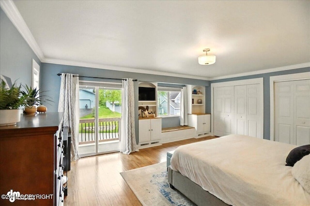 12900 Wellsford Cir, Anchorage, AK 99516 - bedroom with access to exterior, light wood finished floors, two closets, and crown molding