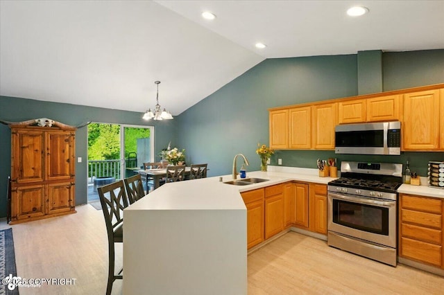 11437 Spyglass Hill Cir, Anchorage, AK 99515 - kitchen with appliances with stainless steel finishes, light wood-style flooring, a chandelier, a peninsula, and light countertops