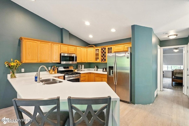 11437 Spyglass Hill Cir, Anchorage, AK 99515 - kitchen with appliances with stainless steel finishes, a peninsula, light wood-type flooring, light countertops, and high vaulted ceiling