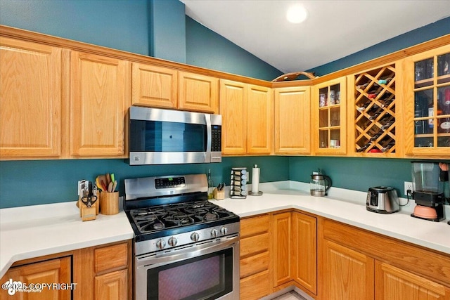 11437 Spyglass Hill Cir, Anchorage, AK 99515 - kitchen featuring stainless steel appliances, vaulted ceiling, glass insert cabinets, and light countertops