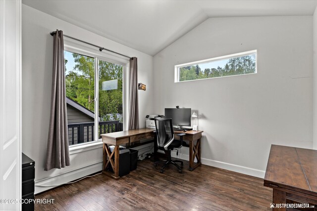 1506 M St, Anchorage, AK 99501 - office with healthy amount of natural light, vaulted ceiling, wood finished floors, baseboard heating, and baseboards