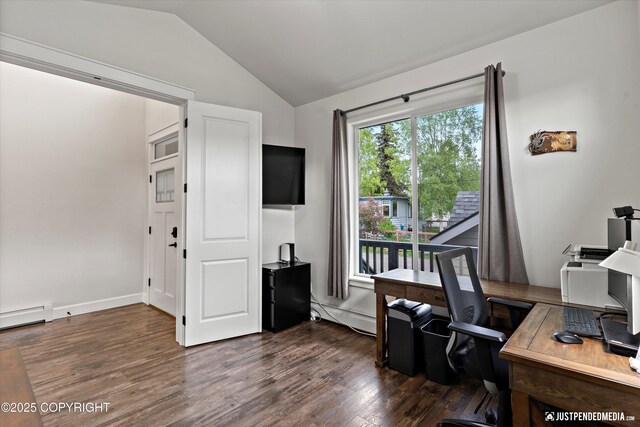 1506 M St, Anchorage, AK 99501 - home office featuring lofted ceiling, dark wood-style floors, a baseboard heating unit, and a baseboard radiator