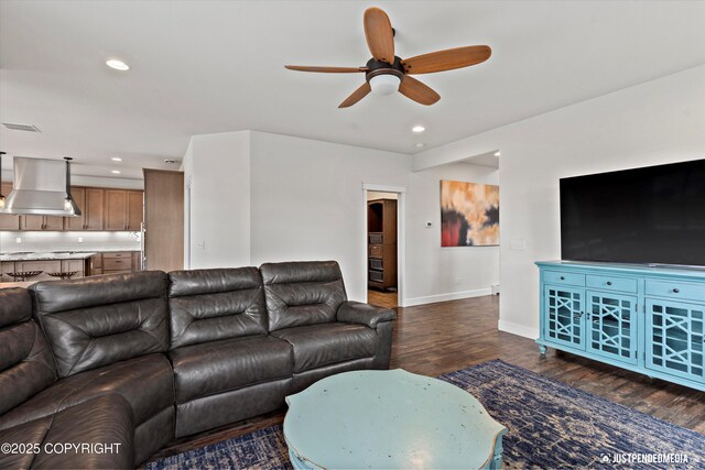 1506 M St, Anchorage, AK 99501 - living room with dark wood finished floors, baseboards, a ceiling fan, and recessed lighting
