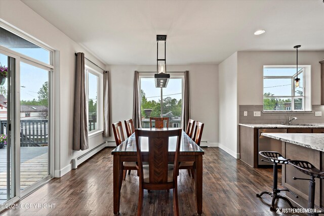 1506 M St, Anchorage, AK 99501 - dining space with a baseboard heating unit, healthy amount of natural light, dark wood-type flooring, and recessed lighting