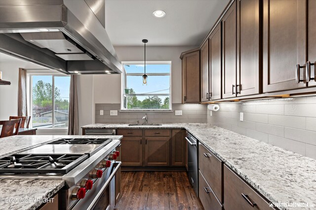 1506 M St, Anchorage, AK 99501 - kitchen with range hood, a sink, appliances with stainless steel finishes, dark wood finished floors, and recessed lighting