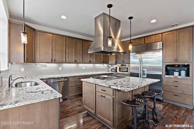 1506 M St, Anchorage, AK 99501 - kitchen with stainless steel appliances, a sink, island exhaust hood, dark wood-type flooring, and recessed lighting