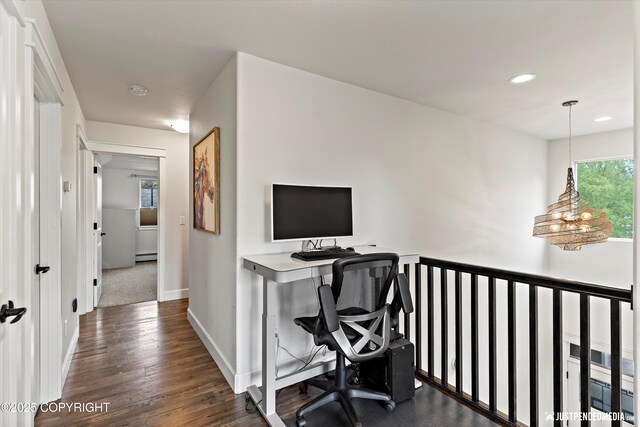 1506 M St, Anchorage, AK 99501 - office area featuring dark wood-style flooring, baseboards, baseboard heating, and recessed lighting