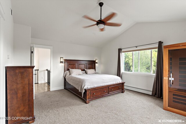 1506 M St, Anchorage, AK 99501 - bedroom with a baseboard heating unit, light colored carpet, lofted ceiling, and ceiling fan