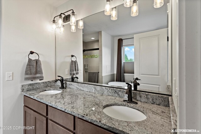 1506 M St, Anchorage, AK 99501 - bathroom featuring double vanity and a stall shower