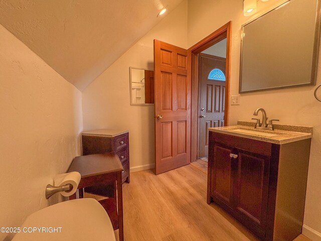124 Mountain View Dr, Homer, AK 99603 - bathroom featuring vaulted ceiling, wood finished floors, and vanity