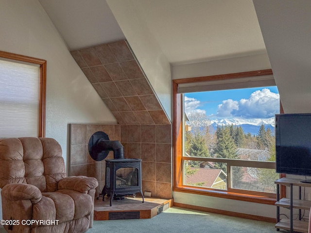 124 Mountain View Dr, Homer, AK 99603 - carpeted living room with a wood stove, vaulted ceiling, and baseboards