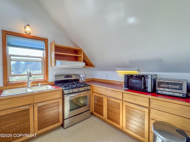 124 Mountain View Dr, Homer, AK 99603 - kitchen with stainless steel gas range oven, a sink, lofted ceiling, under cabinet range hood, and black microwave