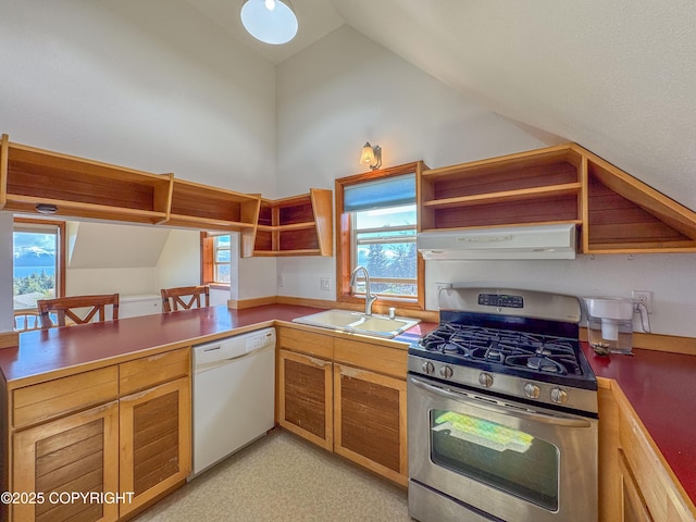 124 Mountain View Dr, Homer, AK 99603 - kitchen featuring stainless steel range with gas stovetop, white dishwasher, under cabinet range hood, a sink, and open shelves