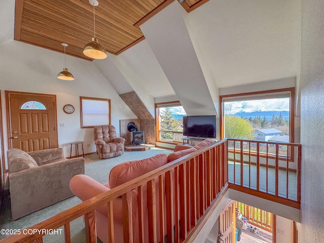 124 Mountain View Dr, Homer, AK 99603 - living area with a wood stove, wooden ceiling, carpet, and high vaulted ceiling