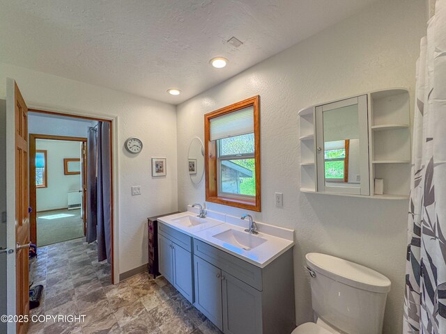 124 Mountain View Dr, Homer, AK 99603 - bathroom featuring double vanity, toilet, a textured ceiling, and a textured wall