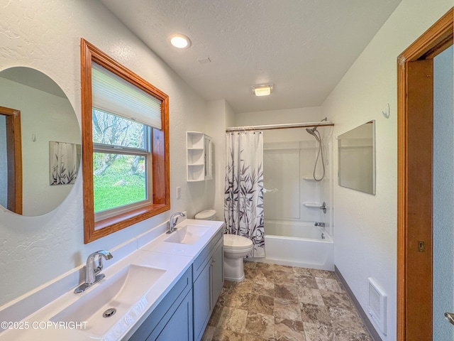 124 Mountain View Dr, Homer, AK 99603 - full bathroom featuring toilet, shower / bathtub combination with curtain, double vanity, a textured wall, and a textured ceiling