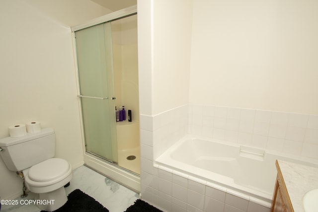 3208 E Serendipity Loop, Wasilla, AK 99654 - full bathroom with a bath, a shower stall, toilet, vanity, and marble look tile flooring