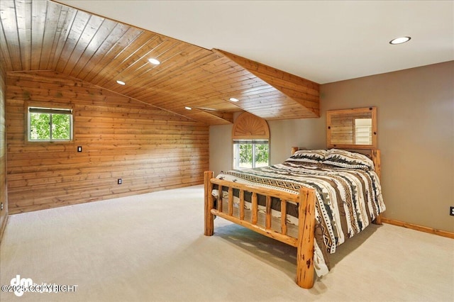 5680 W Birch Harbor Dr, Wasilla, AK 99623 - carpeted bedroom featuring wood walls, multiple windows, vaulted ceiling, recessed lighting, and wood ceiling