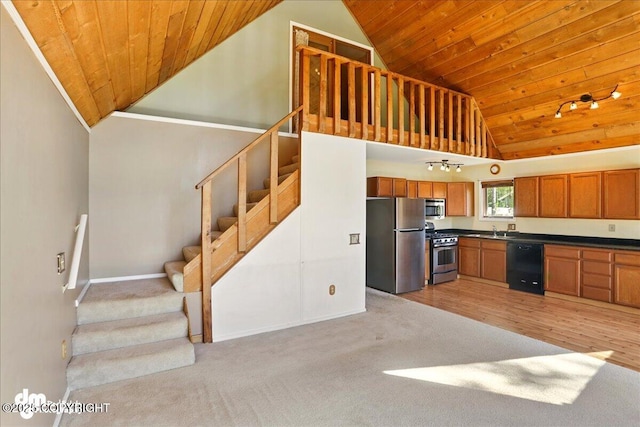 5680 W Birch Harbor Dr, Wasilla, AK 99623 - kitchen with appliances with stainless steel finishes, wooden ceiling, high vaulted ceiling, dark countertops, and brown cabinets