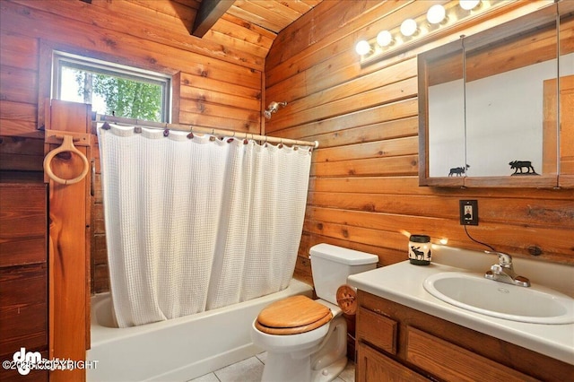 5680 W Birch Harbor Dr, Wasilla, AK 99623 - bathroom with vanity, toilet, shower / tub combo, wood walls, and tile patterned flooring