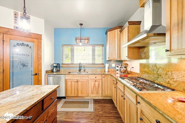 6325 S Hayfield Rd, Wasilla, AK 99654 - kitchen with wall chimney range hood, stainless steel appliances, a sink, dark wood finished floors, and light stone countertops