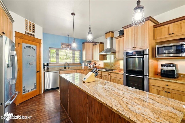 6325 S Hayfield Rd, Wasilla, AK 99654 - kitchen with appliances with stainless steel finishes, a sink, dark wood-style floors, light stone countertops, and backsplash